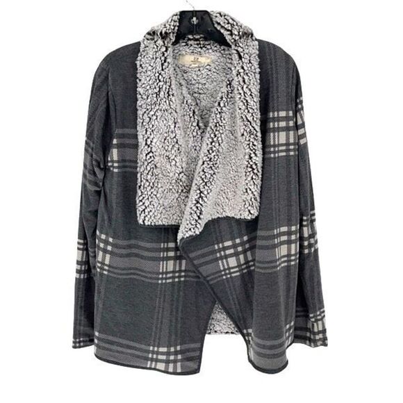 Thread & Supply Gray and White Buckle Plaid Wrap Waterfall Jacket Cardigan Sweat